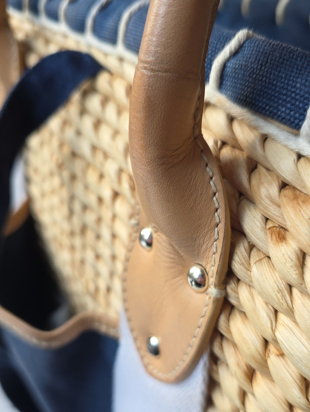 Lauren Ralph Lauren Straw Basket Tote Navy Canvas Leather Trim Coastal Beach Bag - Picture 12 of 14